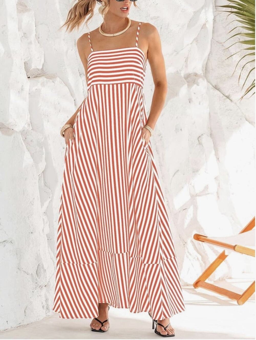 Cupshe Rust and White Striped Spaghetti-Strap Maxi Dress with Pockets